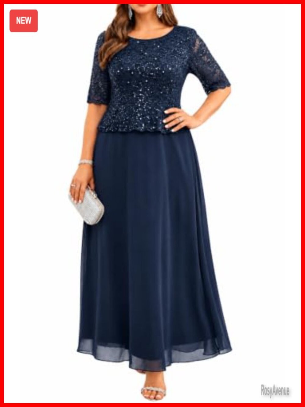 Plus Size Sequin Lace 3/4 Sleeve A-Line Maxi Formal Dress